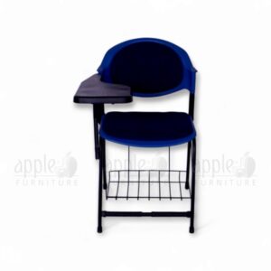 plastic study chair with writing pad, training chair with tablet arm, blue study chair for students, classroom furniture, study chairs for coaching centers, plastic chair with desk arm, Apple Furniture plastic chair