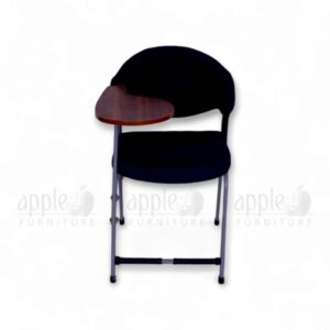 "Black cushioned student chair with curved wooden writing pad and steel frame – Apple Furniture"