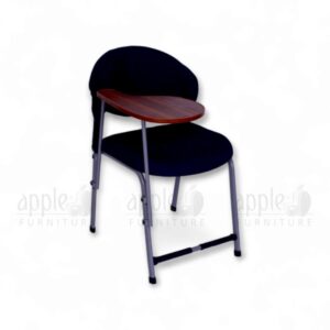 "Black cushioned student chair with curved wooden writing pad and steel frame – Apple Furniture"