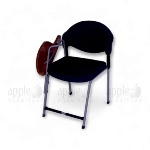 "Black cushioned student chair with curved wooden writing pad and steel frame – Apple Furniture"