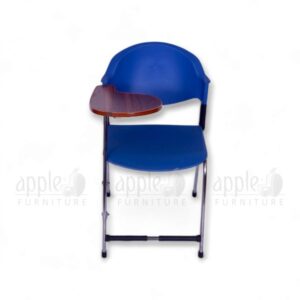 Blue student chair with attached wooden writing pad and steel frame – Apple Furniture