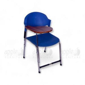 Blue student chair with attached wooden writing pad and steel frame – Apple Furniture