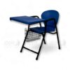 Blue plastic lecture hall chair with large writing pad and under-seat basket, ideal for student classrooms and auditoriums