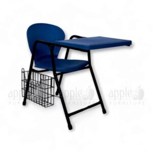 Blue plastic lecture hall chair with large writing pad and under-seat basket, ideal for student classrooms and auditoriums