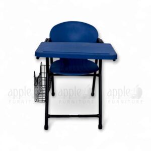 Blue plastic lecture hall chair with large writing pad and under-seat basket, ideal for student classrooms and auditoriums