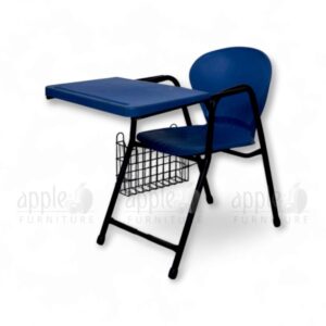 Blue plastic lecture hall chair with large writing pad and under-seat basket, ideal for student classrooms and auditoriums