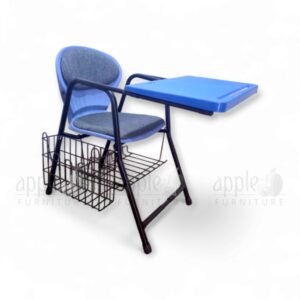 Blue cushioned university chair with integrated writing pad and book basket by Apple Furniture, ideal for lecture halls and academic classrooms