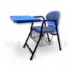 Blue cushioned university chair with integrated writing pad and book basket by Apple Furniture, ideal for lecture halls and academic classrooms