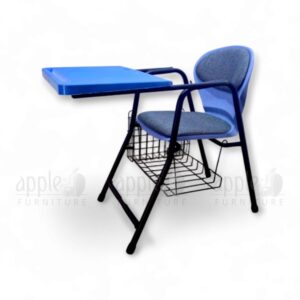 Blue cushioned university chair with integrated writing pad and book basket by Apple Furniture, ideal for lecture halls and academic classrooms