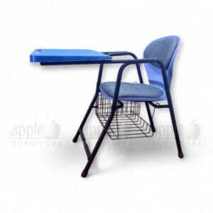 Blue cushioned university chair with integrated writing pad and book basket by Apple Furniture, ideal for lecture halls and academic classrooms