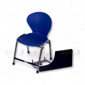 Blue plastic folding study chair with chrome frame and black foldable writing pad by Apple Furniture, ideal for classrooms and training environments.