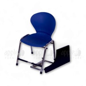 Blue plastic folding study chair with chrome frame and black foldable writing pad by Apple Furniture, ideal for classrooms and training environments.