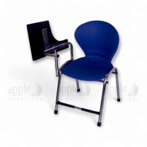 Blue plastic folding study chair with chrome frame and black foldable writing pad by Apple Furniture, ideal for classrooms and training environments.