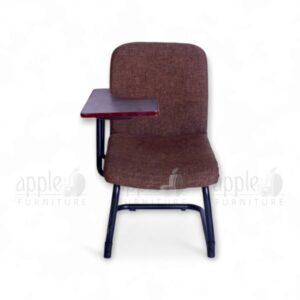 Brown Apple AP-1017-SCF Comfortable University Chair with cushioned seat and back, black sled-style steel frame, and fixed wooden writing pad—ideal for seminar rooms and lecture halls.