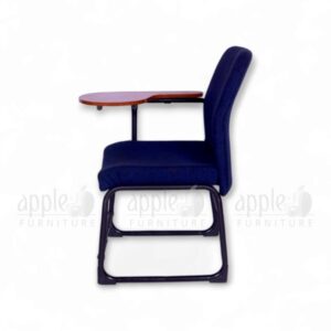 Navy blue Apple AP-1018-SCF Comfortable Study Chair with padded seat and back, black sled steel frame, and fixed wooden writing pad—perfect for classrooms, libraries, and study spaces.