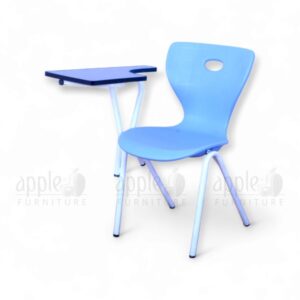 Blue Apple AP-1024-LRG-SFB Smart Student Chair with HDPE seat, white 16 gauge pipe frame, integrated fiberglass writing pad, and under-seat storage shelf—ideal for modern classrooms.