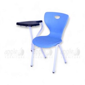 Blue imported student chair (Apple AP-1024-MED-S) with ergonomic blow moulded seat, white steel legs, and durable black writing pad—ideal for classrooms and training centers.