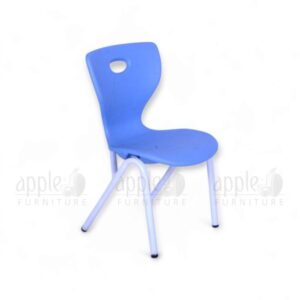 Blue imported kids chair (Apple AP-1024-SML) with ergonomic blow moulded seat and white steel legs, ideal for schools, playrooms, and nurseries.