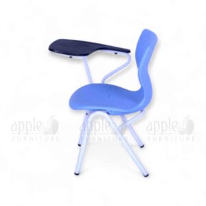 Blue kids study chair (Apple AP-1024-SML-S) with attached black writing pad, white steel frame, and ergonomic plastic seat, perfect for school or home study.