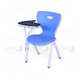 Blue kids study chair (Apple AP-1024-SML-S) with attached black writing pad, white steel frame, and ergonomic plastic seat, perfect for school or home study.