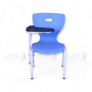 Blue kids study chair (Apple AP-1024-SML-S) with attached black writing pad, white steel frame, and ergonomic plastic seat, perfect for school or home study.