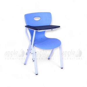 Blue kids study chair (Apple AP-1024-SML-S) with attached black writing pad, white steel frame, and ergonomic plastic seat, perfect for school or home study.