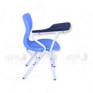 Blue kids study chair (Apple AP-1024-SML-S) with attached black writing pad, white steel frame, and ergonomic plastic seat, perfect for school or home study.