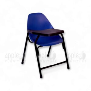 Blue shell study chair with black steel frame and attached writing pad by Apple Furniture, ideal for classrooms, study halls, and educational spaces.