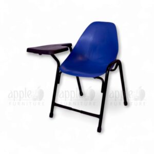 Blue shell study chair with black steel frame and attached writing pad by Apple Furniture, ideal for classrooms, study halls, and educational spaces.