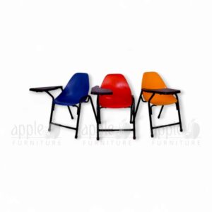 Blue shell study chair with black steel frame and attached writing pad by Apple Furniture, ideal for classrooms, study halls, and educational spaces.
