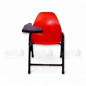 Blue shell study chair with black steel frame and attached writing pad by Apple Furniture, ideal for classrooms, study halls, and educational spaces.