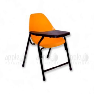 Blue shell study chair with black steel frame and attached writing pad by Apple Furniture, ideal for classrooms, study halls, and educational spaces.