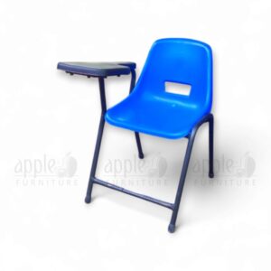 Blue Apple AP-204-S-FIX College Study Chair with fixed black writing pad, ergonomic plastic shell seat, and black metal frame for classrooms and exam halls.