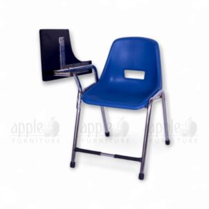 Blue APPLE AP-204-SF Folding Writing Pad Student Chair with ergonomic ventilated seat, chrome steel frame, and foldable black writing pad for exam and classroom use.