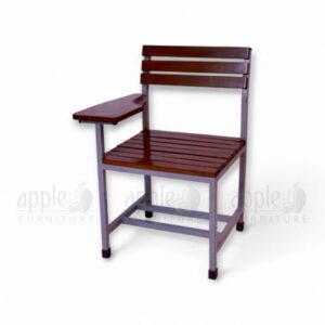 Silver Apple AP-238-SW Wooden Study Chair with solid wood slat seat and back, right-arm mounted writing pad, and sturdy steel frame for study halls and classrooms.