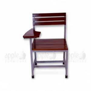 Silver Apple AP-238-SW Wooden Study Chair with solid wood slat seat and back, right-arm mounted writing pad, and sturdy steel frame for study halls and classrooms.