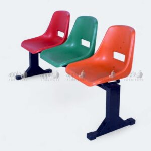 Three-seater waiting area furniture with red, green, and orange plastic seats – waiting area furniture