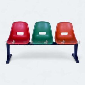 Three-seater waiting area furniture with red, green, and orange plastic seats – waiting area furniture