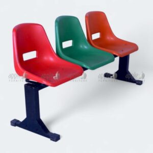 Three-seater waiting area furniture with red, green, and orange plastic seats – waiting area furniture