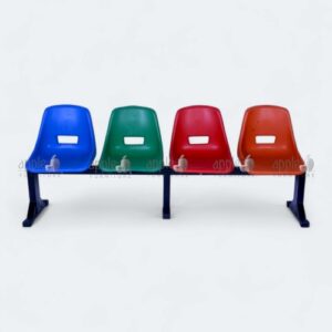 Three colorful waiting area chairs with blue, green, and orange seats – waiting area chairs, waiting area seating