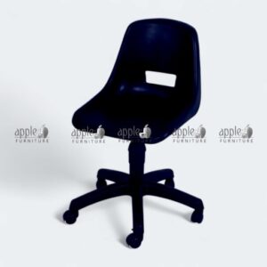 Blue plastic swivel chair with armless design and caster wheels Front view of apple AP-208-H blue ergonomic plastic swivel chair Close-up of blue molded plastic seat showing curved back support Side view of blue apple “ErgoGlide” swivel base chair on wheels