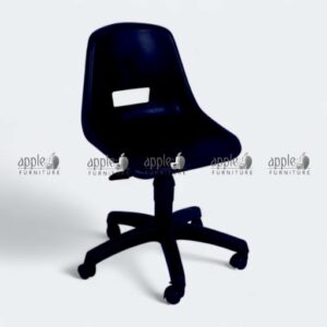 Blue plastic swivel chair with armless design and caster wheels Front view of apple AP-208-H blue ergonomic plastic swivel chair Close-up of blue molded plastic seat showing curved back support Side view of blue apple “ErgoGlide” swivel base chair on wheels