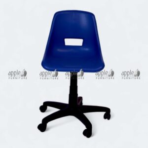 Blue plastic swivel chair with armless design and caster wheels Front view of apple AP-208-H blue ergonomic plastic swivel chair Close-up of blue molded plastic seat showing curved back support Side view of blue apple “ErgoGlide” swivel base chair on wheels