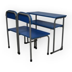 APPLE AP-144-14-BLU & AP-146-MED-BLU SET classroom desk bench set with two blue chairs and blue writing desk Two seater school desk with blue student chairs and strong black metal frame for classrooms Student desk bench for school, college, academy, coaching center, and training room furniture