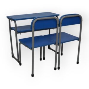 APPLE AP-144-14-BLU & AP-146-MED-BLU SET classroom desk bench set with two blue chairs and blue writing desk Two seater school desk with blue student chairs and strong black metal frame for classrooms Student desk bench for school, college, academy, coaching center, and training room furniture
