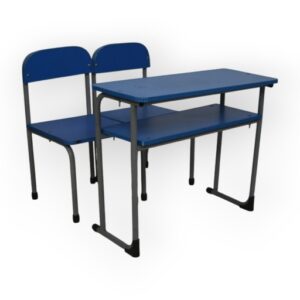 APPLE AP-144-14-BLU & AP-146-MED-BLU SET classroom desk bench set with two blue chairs and blue writing desk Two seater school desk with blue student chairs and strong black metal frame for classrooms Student desk bench for school, college, academy, coaching center, and training room furniture