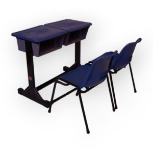 APPLE AP-200-BLU & AP-136-BLU double student desk set with two blue chairs and writing desks Dual classroom desk set with blue student chairs and black metal frame for schools Student chair table set with separate writing desks and storage boxes for classroom furniture