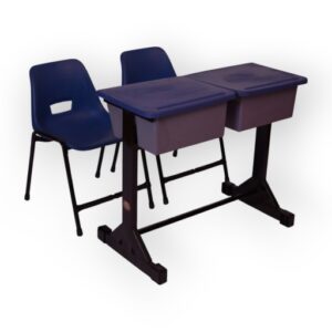 APPLE AP-200-BLU & AP-136-BLU double student desk set with two blue chairs and writing desks Dual classroom desk set with blue student chairs and black metal frame for schools Student chair table set with separate writing desks and storage boxes for classroom furniture