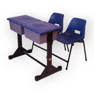 APPLE AP-200-BLU & AP-136-BLU double student desk set with two blue chairs and writing desks Dual classroom desk set with blue student chairs and black metal frame for schools Student chair table set with separate writing desks and storage boxes for classroom furniture