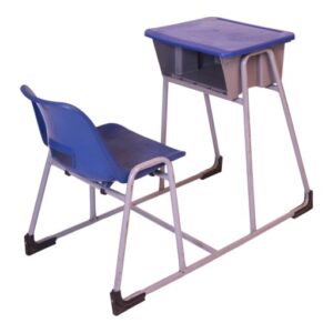 APPLE AP-380-BLU school desk chair set with blue plastic chair attached desk and book box storage Student desk chair set with blue writing desk grey metal frame and classroom storage box Classroom desk and chair for school college academy coaching center and training room furniture